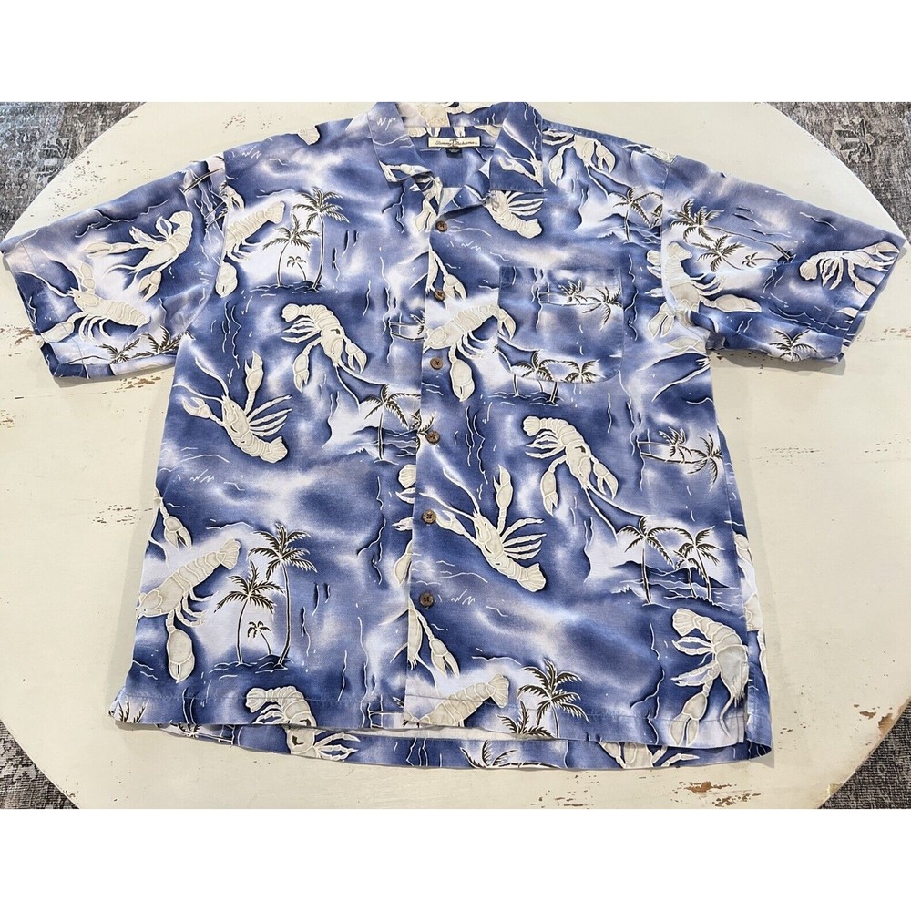 TOMMY BAHAMA SILK CAMP SHIRT XL BLUE PALM SHRIMP ALOHA Hawaiian Tropical